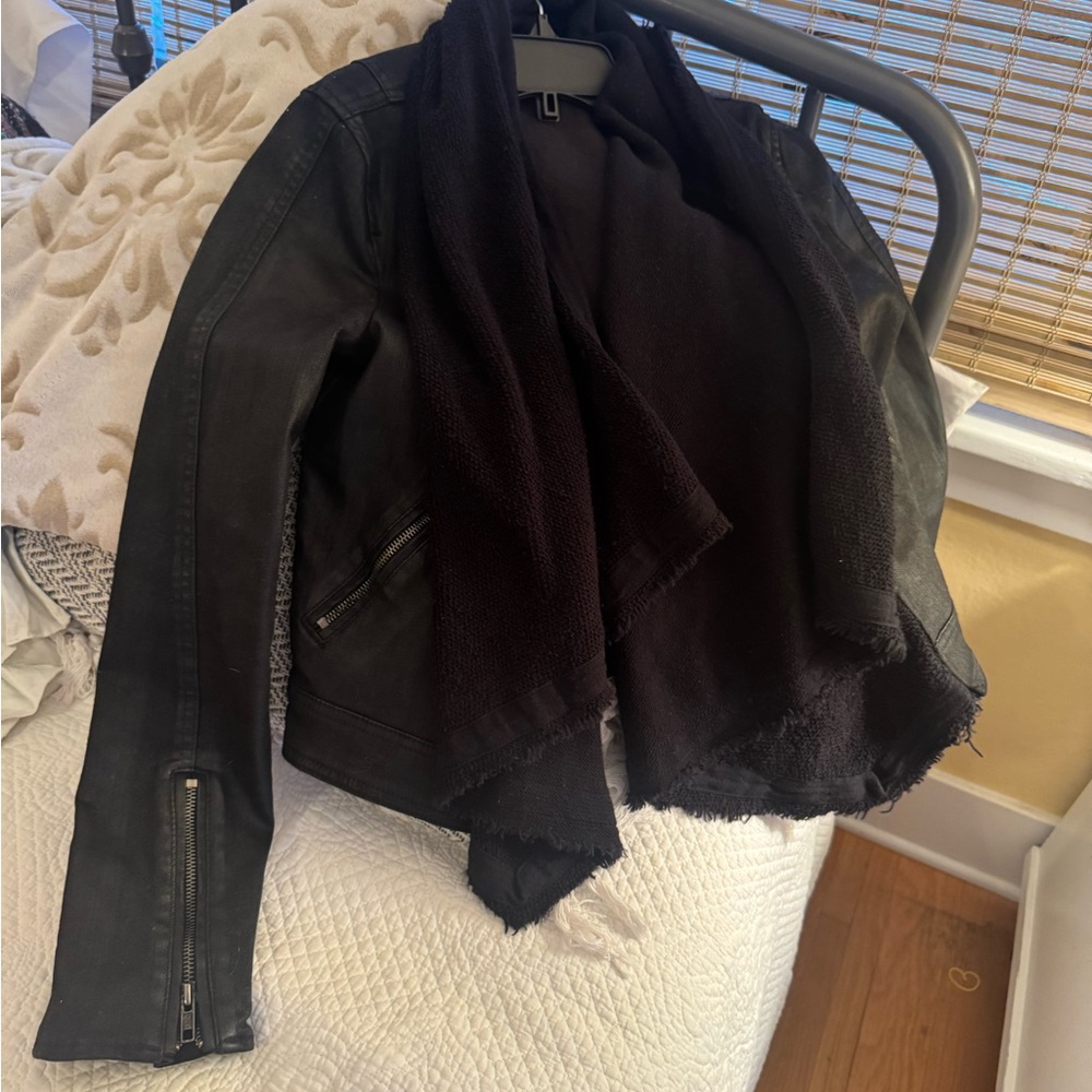 Free People Women's Black Jean Jacket with crochet material in center. - Picture 7 of 11